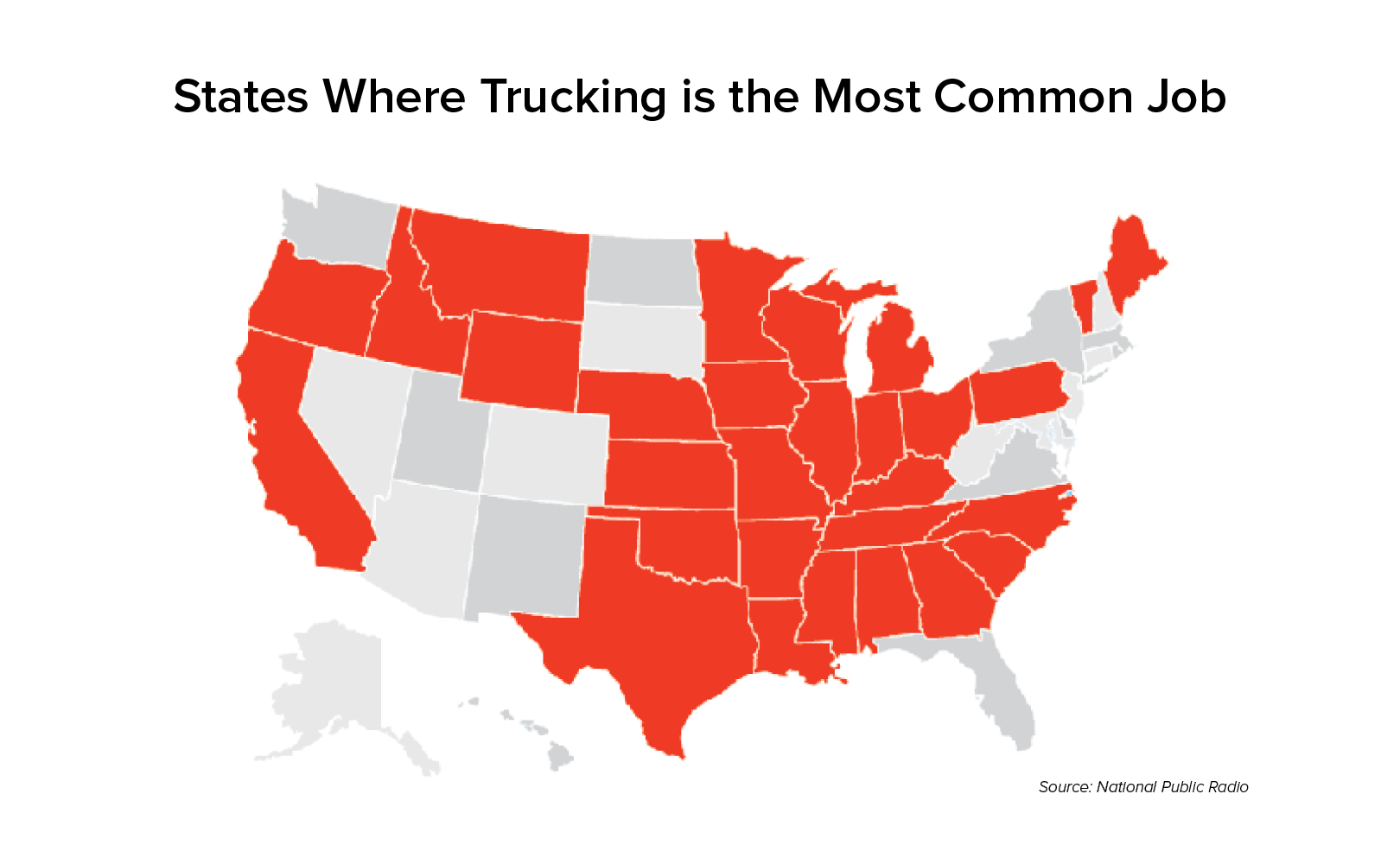 Map of the U.S. showing that truck driving is the most common job in 30 states